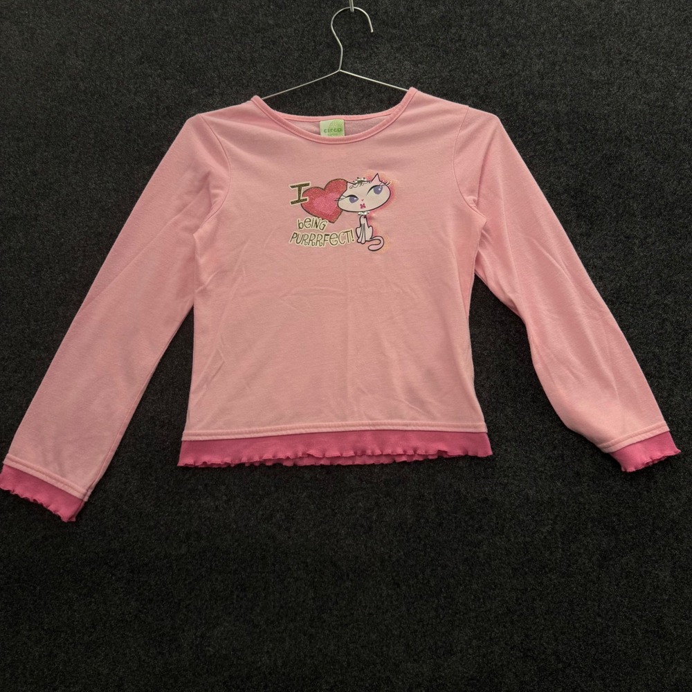 Circo Pink Cat Graphic Ruffle Baby Top Y2K Long Sleeve Rhinestone Size Large